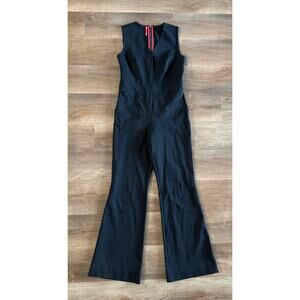 SPANX Black Sleeveless V-Neck Jumpsuit Size M Back Zip Stretch Straight Leg